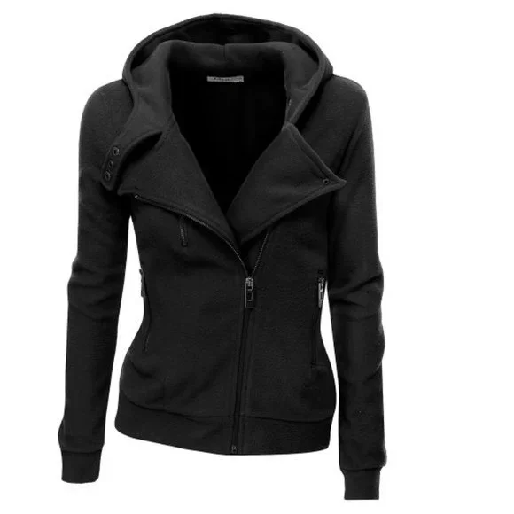 Black Fitted Fleece Moto Jacket with Hood Size Large Soft Biker Jacket - Picture 2 of 8